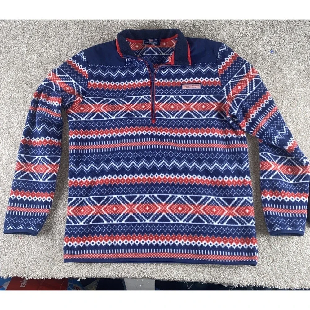 Vineyard Vines Aztec Geometric Red/White/Blue Fleece Jackets Mens M 1/4 Zip Warm